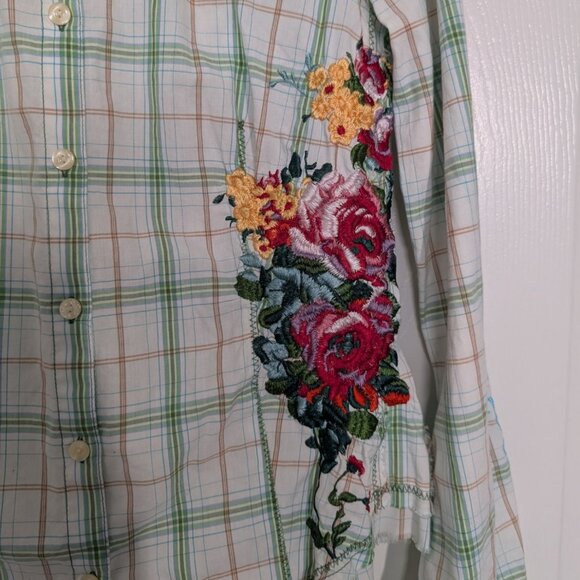 J3 Workshop Johnny Was Fairy Tails Shirt Womens Size Medium Green Plaid Floral - Picture 4 of 15